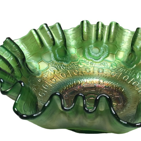 Fenton Carnival Glass Bowl Decorative Dish Green Iridescent Pattern 8